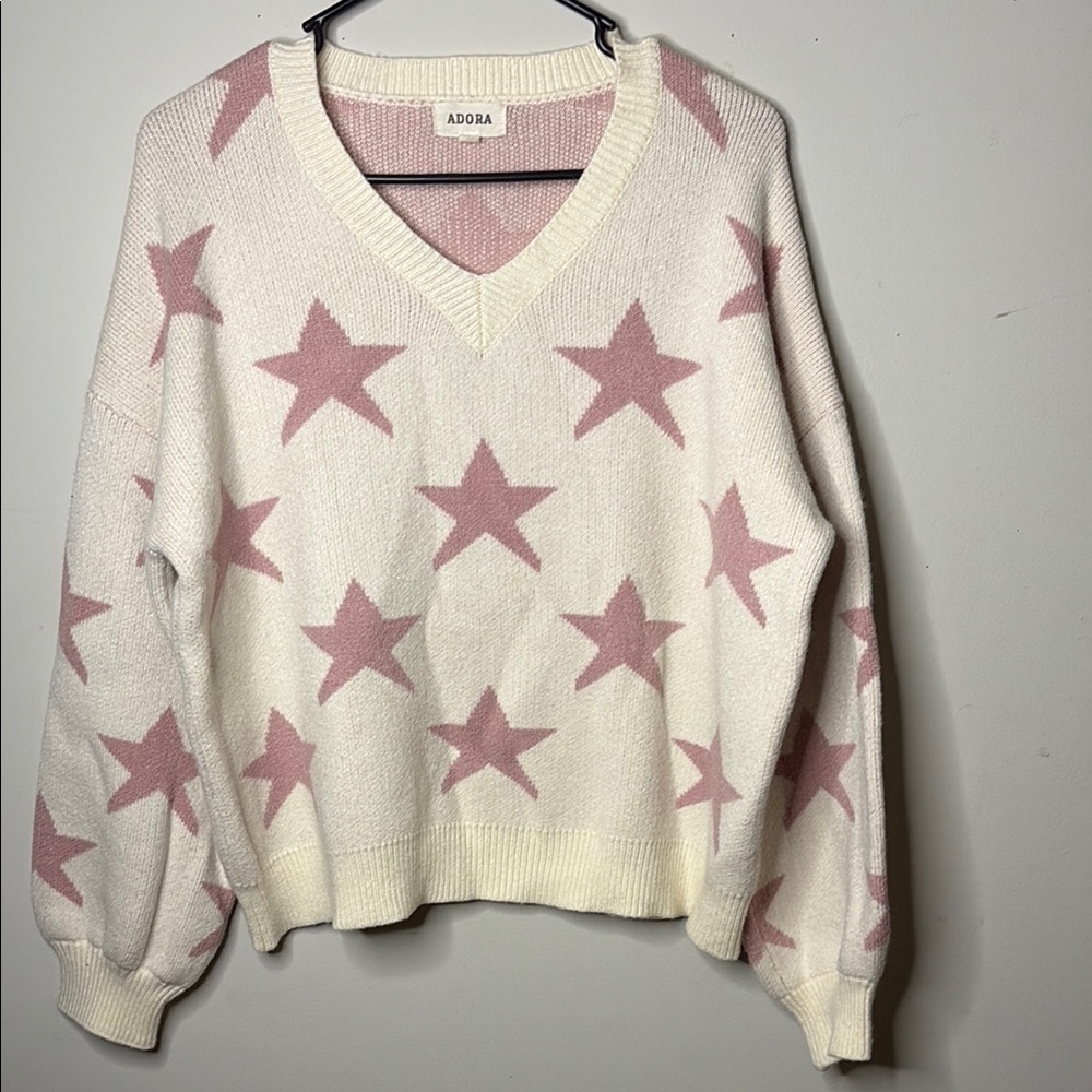 ADORA Cream and Pink Star V-Neck Sweater
